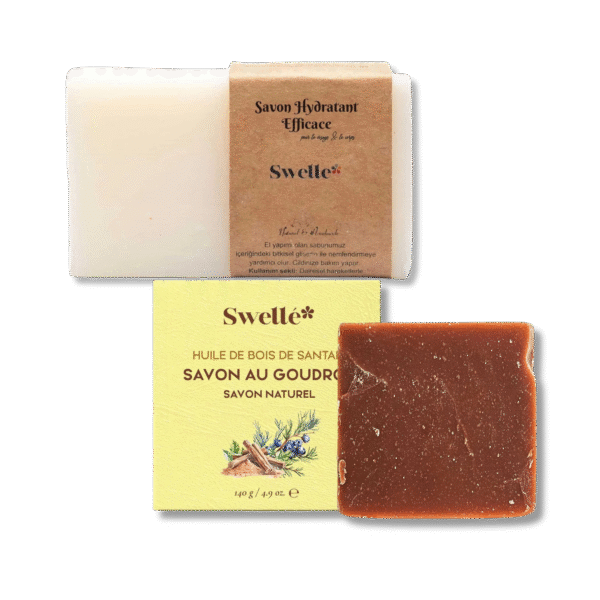 صابون مراقبت از صورت و کودک SWELLE با کرم مرطوب‌کننده + صابون روغن چوب صندل و قطران سرو کوهی SWELLE | بسته دوتایی